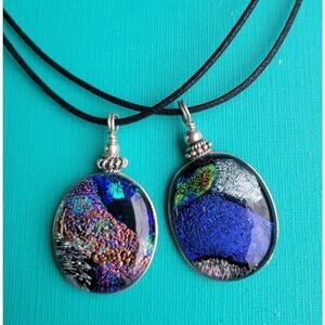 Two Sterling Wrapped Fused Dichroic Glass Pendant Necklaces Handmade Glass Gifts